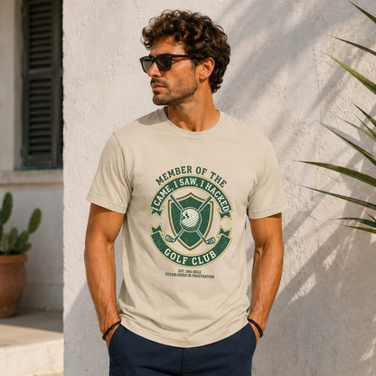 Men's tan t-shirt with "I Came, I Saw, I Hacked" golf club graphic.