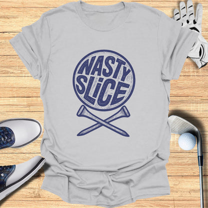 Gray t-shirt with "Nasty Slice" logo and crossed golf tees.