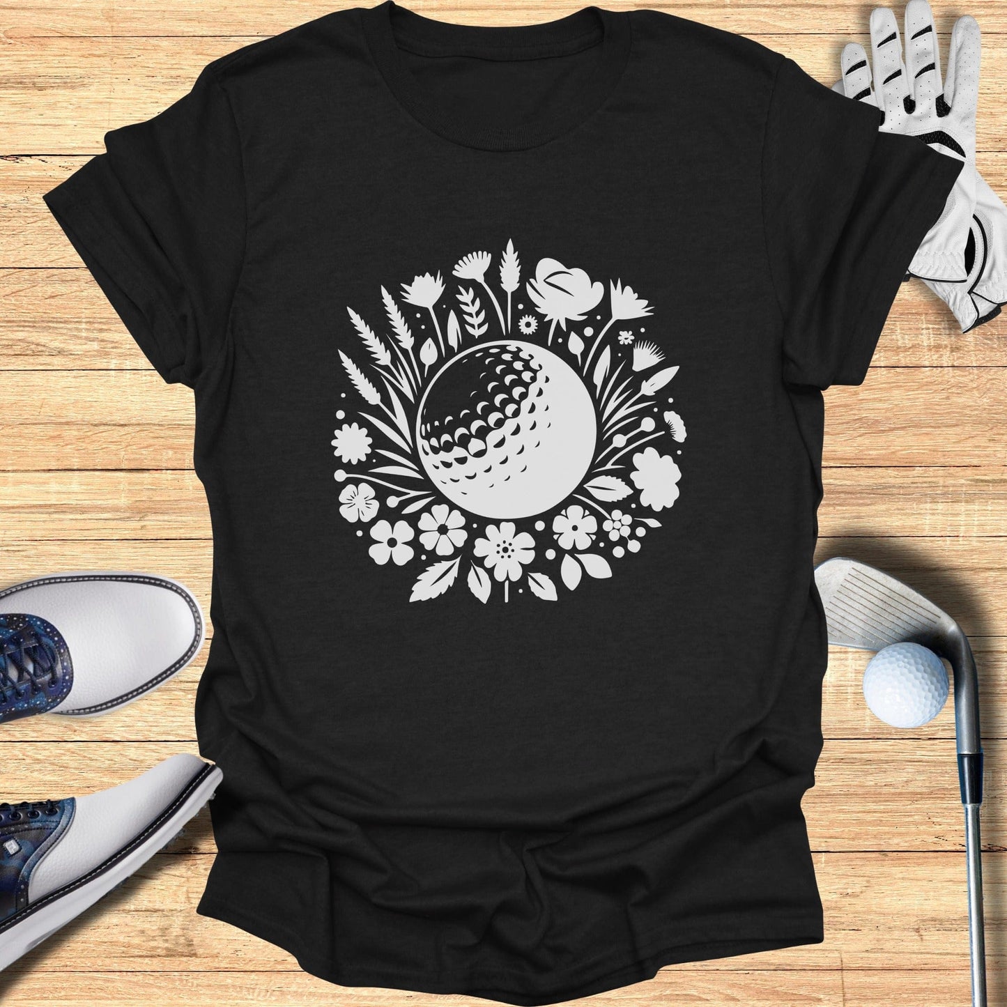 Floral Golf Ball Design T-Shirt with Nature Theme