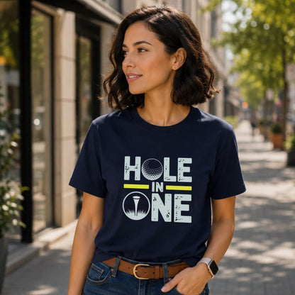 Dark blue t-shirt with "Hole in One" text and golf ball graphic.