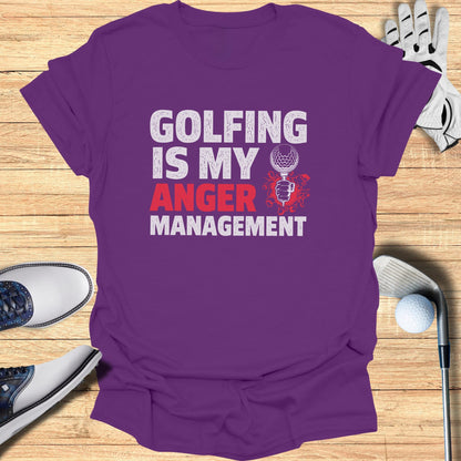 Purple t-shirt with "GOLFING IS MY ANGER MANAGEMENT" text.