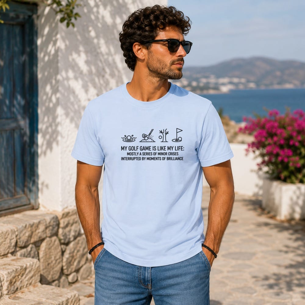 Light blue t-shirt with golf cartoon and text about life and golf.