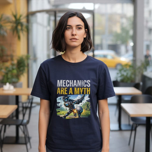 Dark navy t-shirt with "Mechanics Are A Myth" text and a robot playing golf.