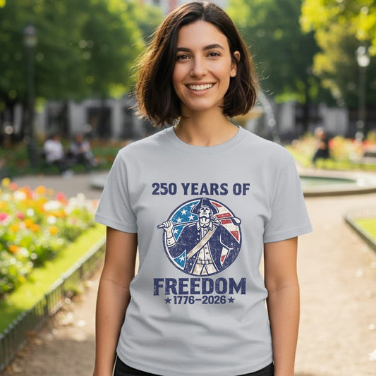 Light gray t-shirt with patriotic graphic "250 Years of Freedom 1776-2026".