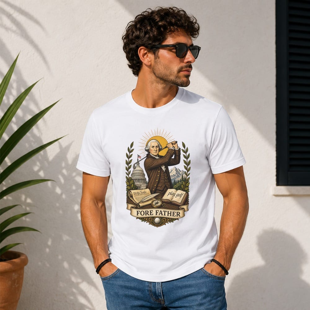 Man wearing white t-shirt with "Fore Father" and "play golf" text and graphic.