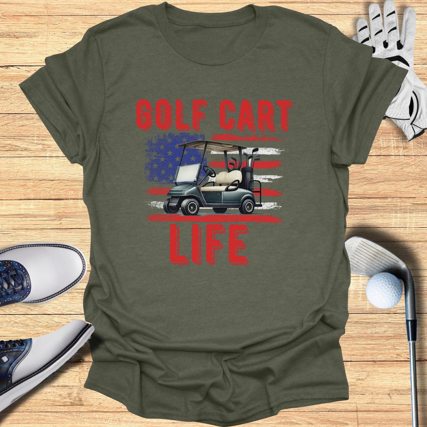 Golf Cart Life American Flag T-Shirt - Funny Golf Tee by Swing Epic