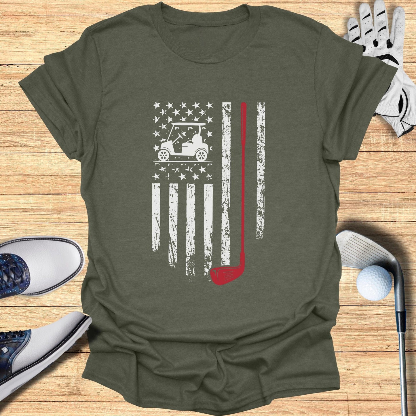 Patriotic Golf Cart USA Flag T-Shirt - Funny Golf Tee by Swing Epic