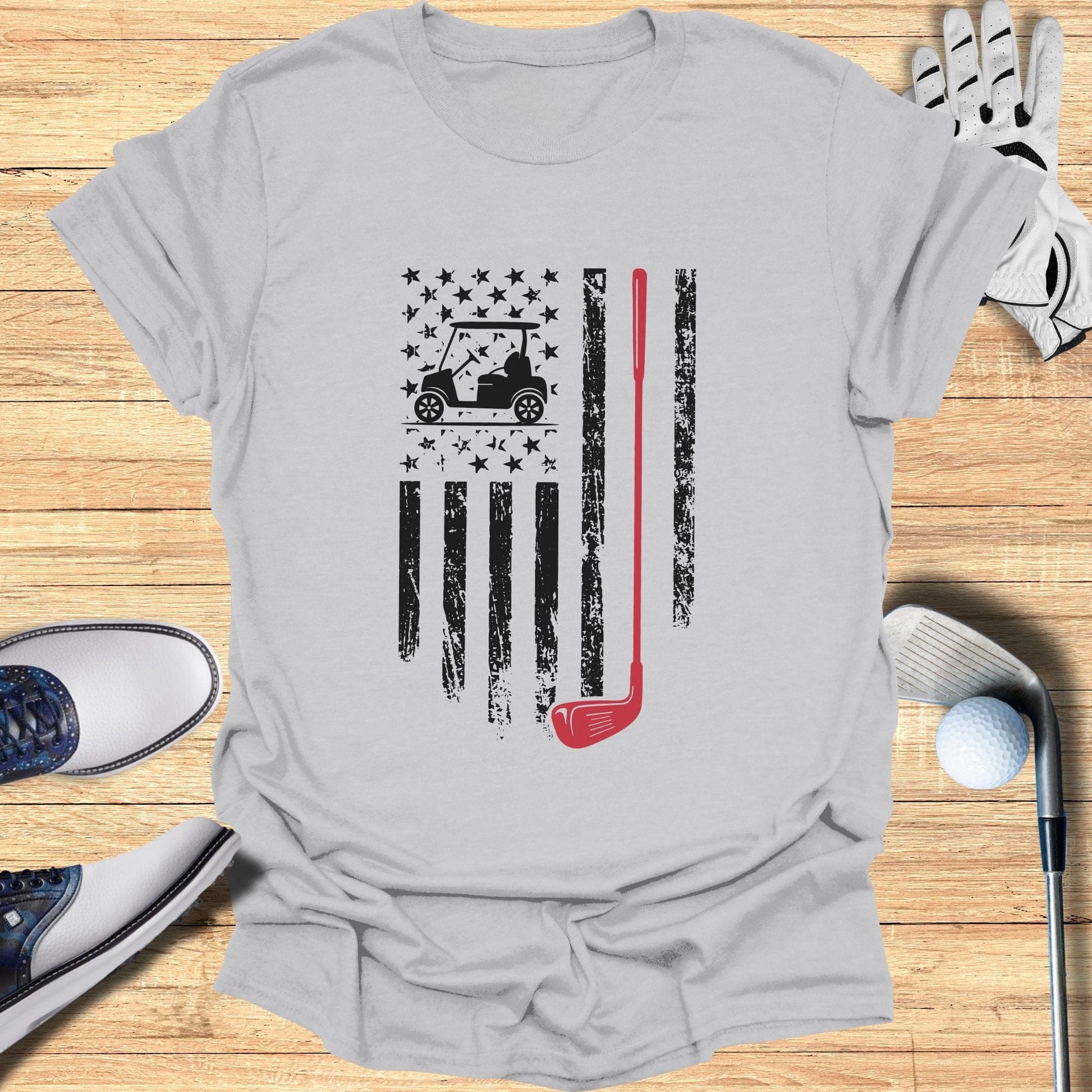 Patriotic Golf Cart USA Flag T-Shirt - Funny Golf Tee by Swing Epic