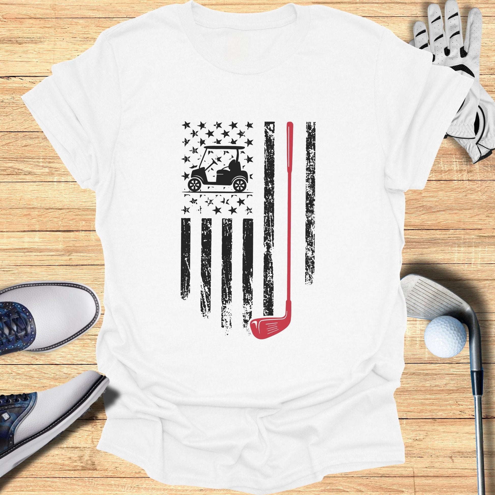 Patriotic Golf Cart USA Flag T-Shirt - Funny Golf Tee by Swing Epic