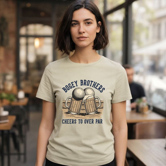 Golf themed t-shirt with "Bogey Brothers Cheers to Over Par" and golf balls in beer mugs.