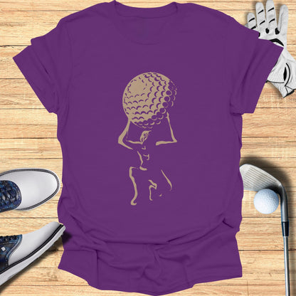 Purple t-shirt with gold golf ball and golfer graphic.