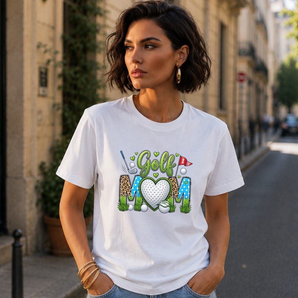 White t-shirt with "Golf Mom" text and golf-themed graphics.