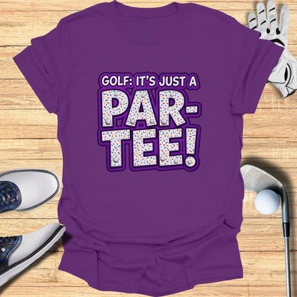 Purple t-shirt with "Golf: It's Just a Par-Tee!" text and confetti.