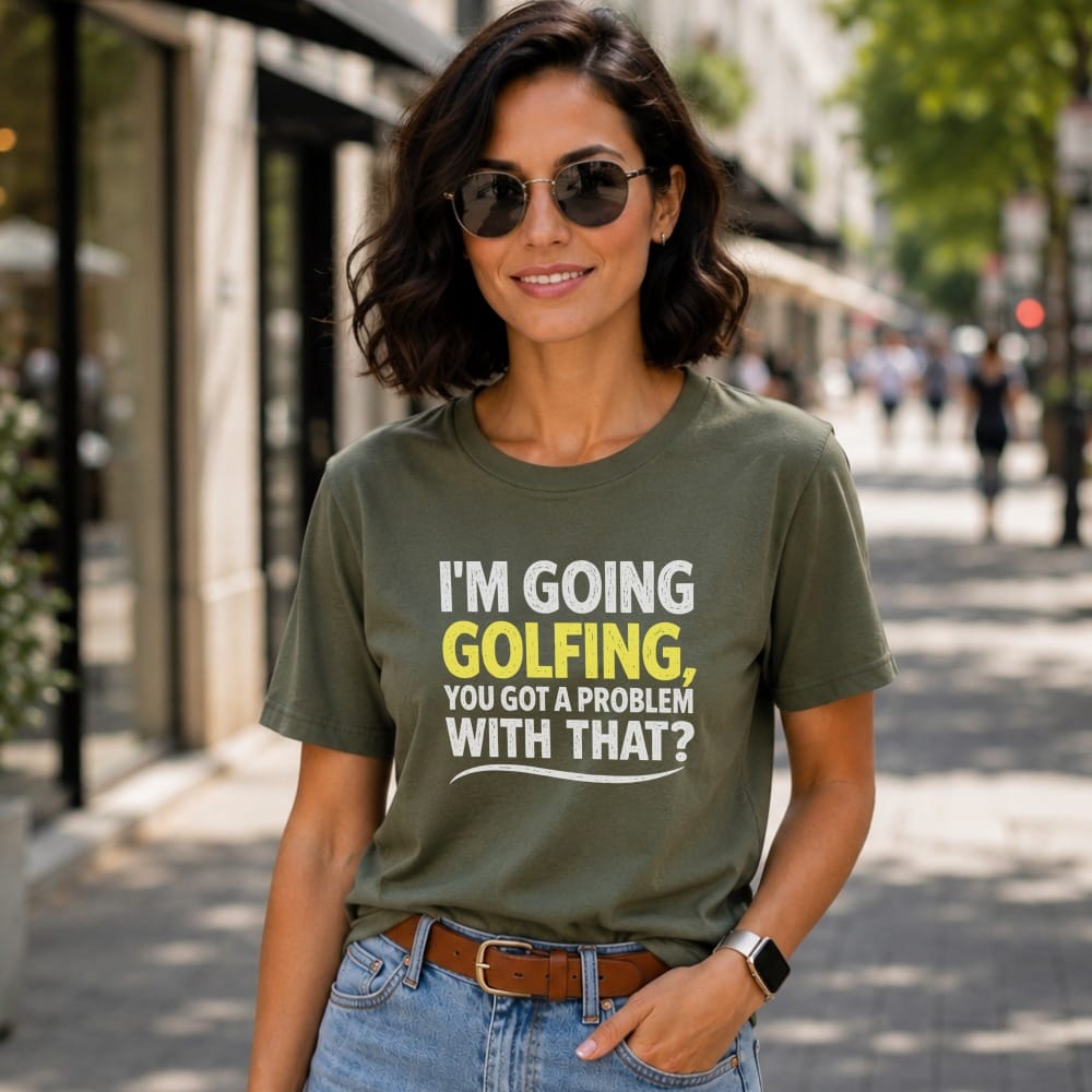 Woman wearing olive green t-shirt with text "I'M GOING GOLFING, YOU GOT A PROBLEM WITH THAT?".