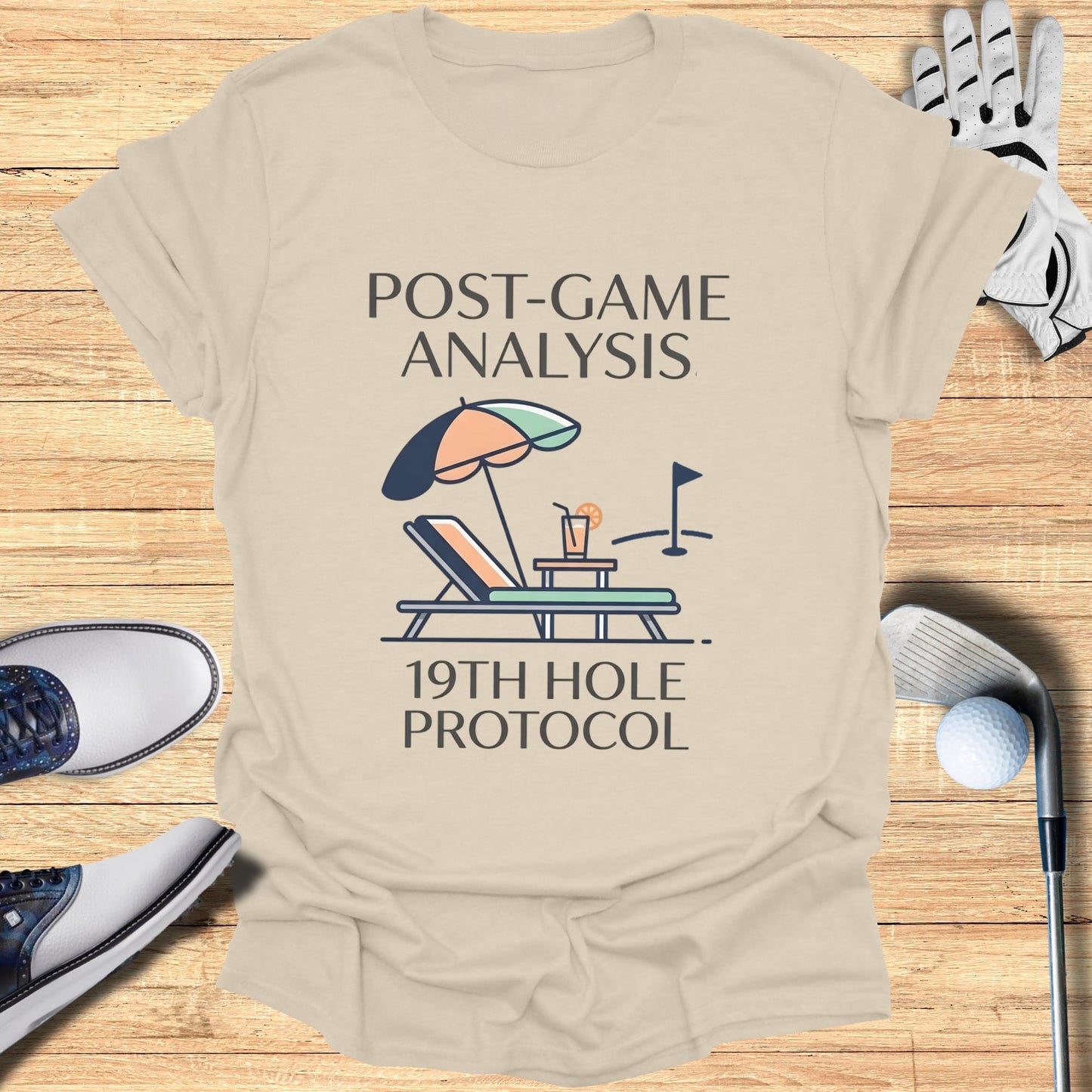 T-shirt with "POST-GAME ANALYSIS 19TH HOLE PROTOCOL" and golf imagery.