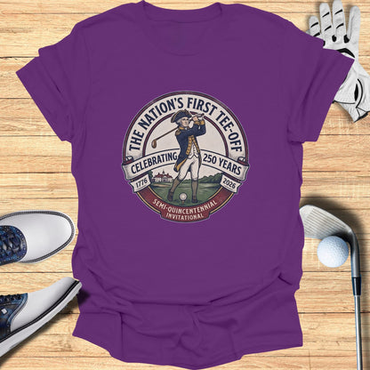 Purple t-shirt graphic: "The Nation's First Tee-Off," celebrating 250 Years 1776-2026.
