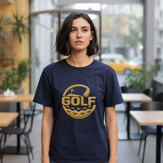 Stylish Navy Golf Tee with Bold Gold Print Design
