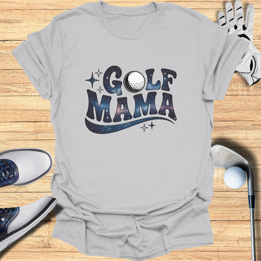 "GOLF MAMA" text with a galaxy background and golf ball on a light gray t-shirt.