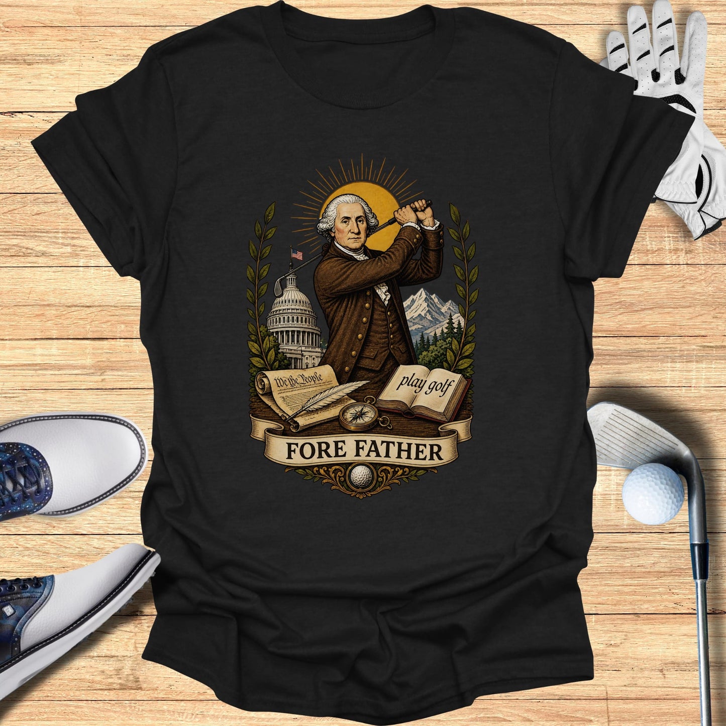 George Washington golfing design on black t-shirt with "Fore Father play golf."