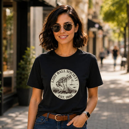Black t-shirt with skeleton golfer graphic and "Lost Ball Society" text.