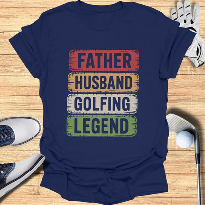 Navy t-shirt with "Father Husband Golfing Legend" text in colored boxes.