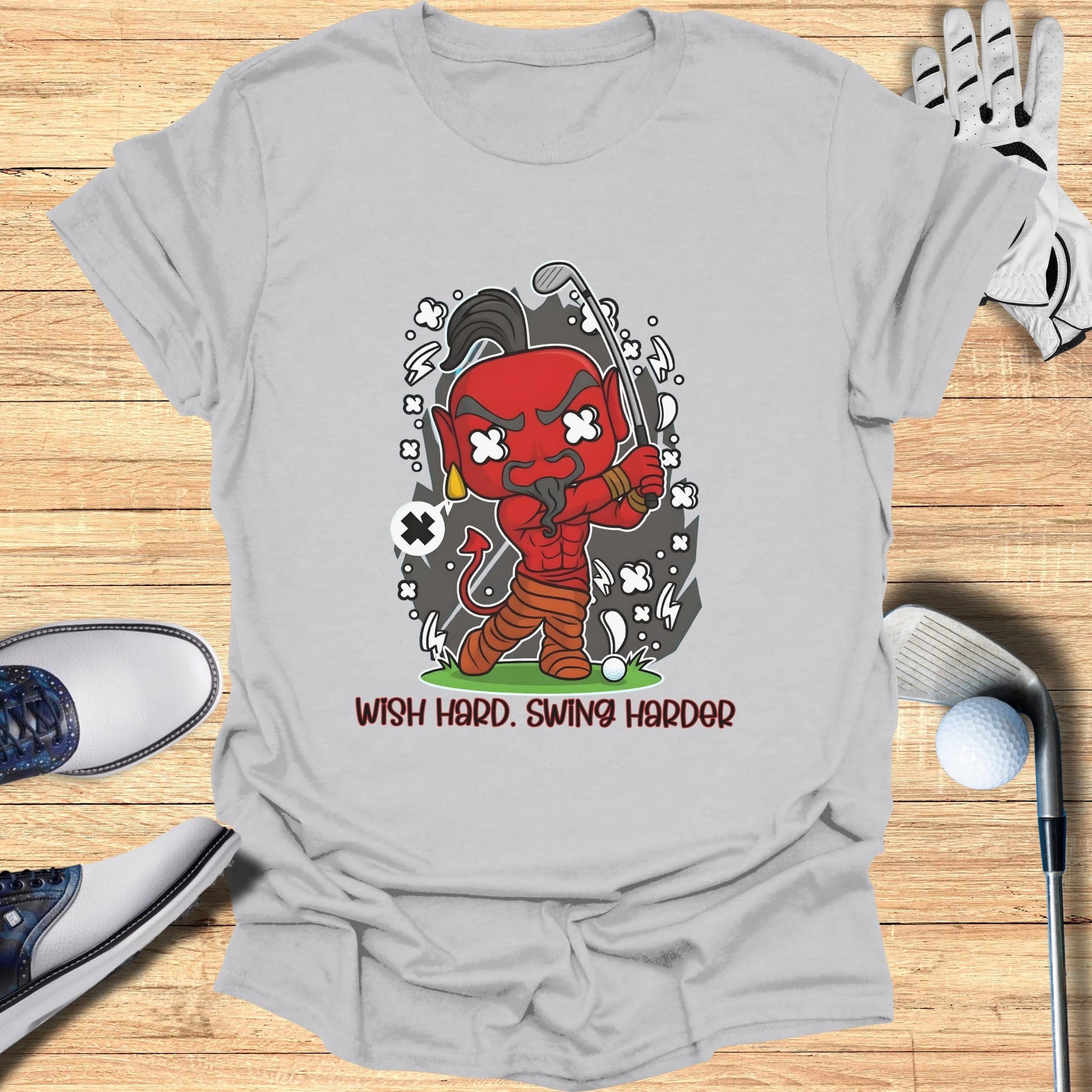 Red cartoon devil character swinging a golf club with text "WISH HARD. SWING HARDER."