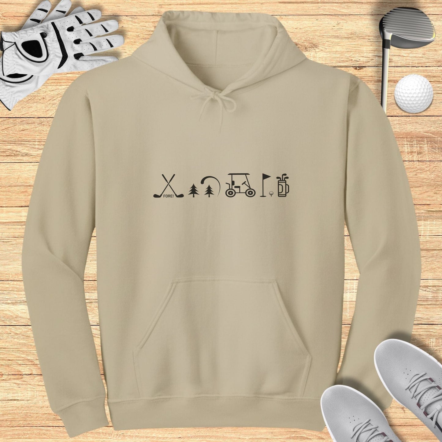 Beige Hoodie with Golf Icons and Trees Design