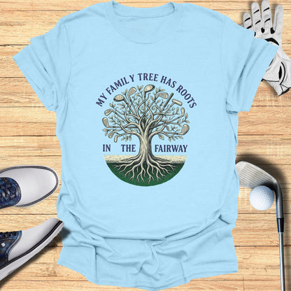 Light blue t-shirt with a tree of golf clubs and balls and text.