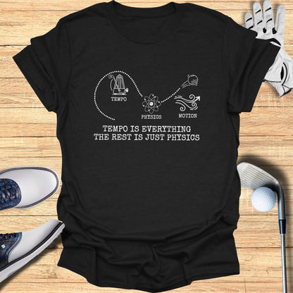 Black t-shirt with "Tempo is everything the rest is just physics" slogan and golf-themed graphics.