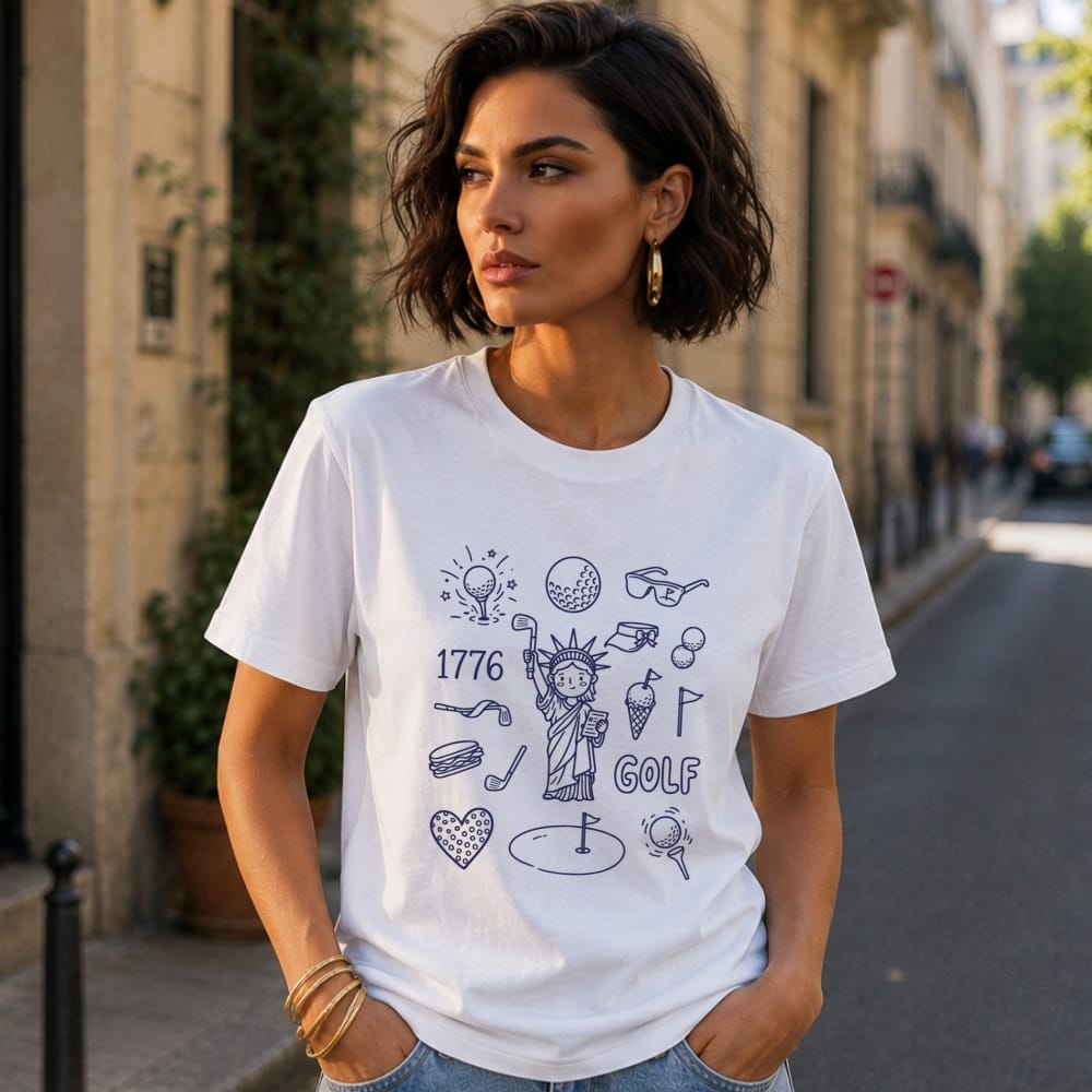 White t-shirt with blue line art graphics of golf, Statue of Liberty, and 1776.