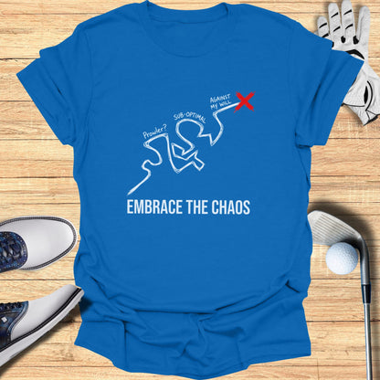 Blue t-shirt with "EMBRACE THE CHAOS" and a drawn figure with text.