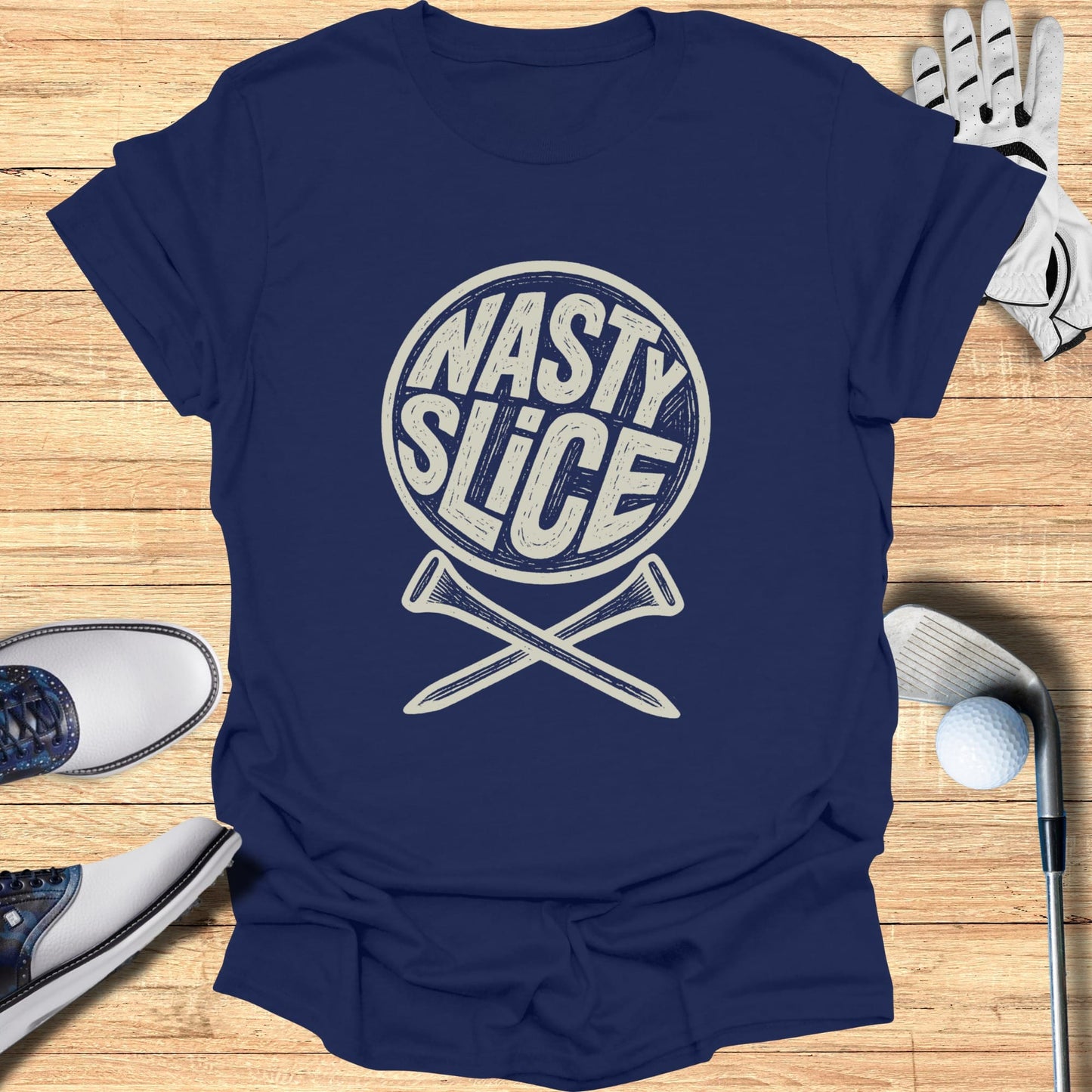 Navy t-shirt with "NASTY SLICE" in a circle above crossed golf tees.