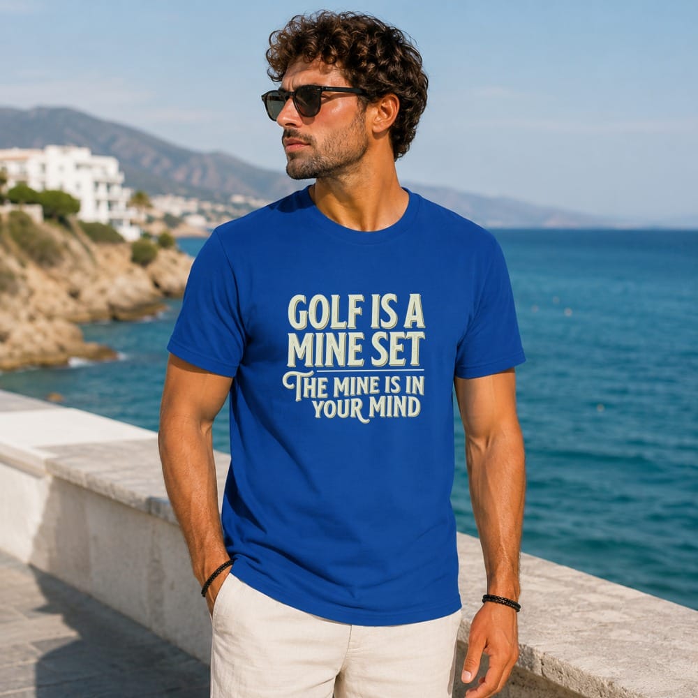 Man in blue t-shirt with text "Golf is a mine set. The mine is in your mind."
