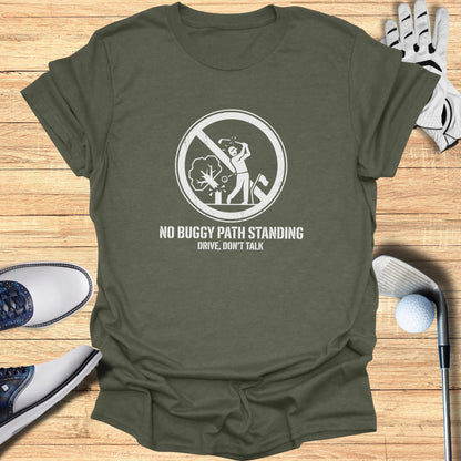 Olive green t-shirt with "No Buggy Path Standing" text and golf accessories.