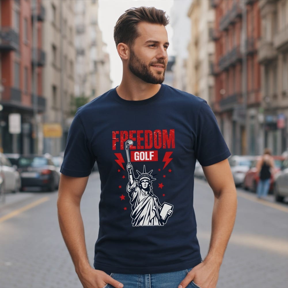 Navy t-shirt with "FREEDOM GOLF" text, Statue of Liberty, and golf club.