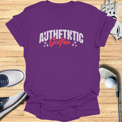 Purple t-shirt with "Authentic Golfer" text and stars.