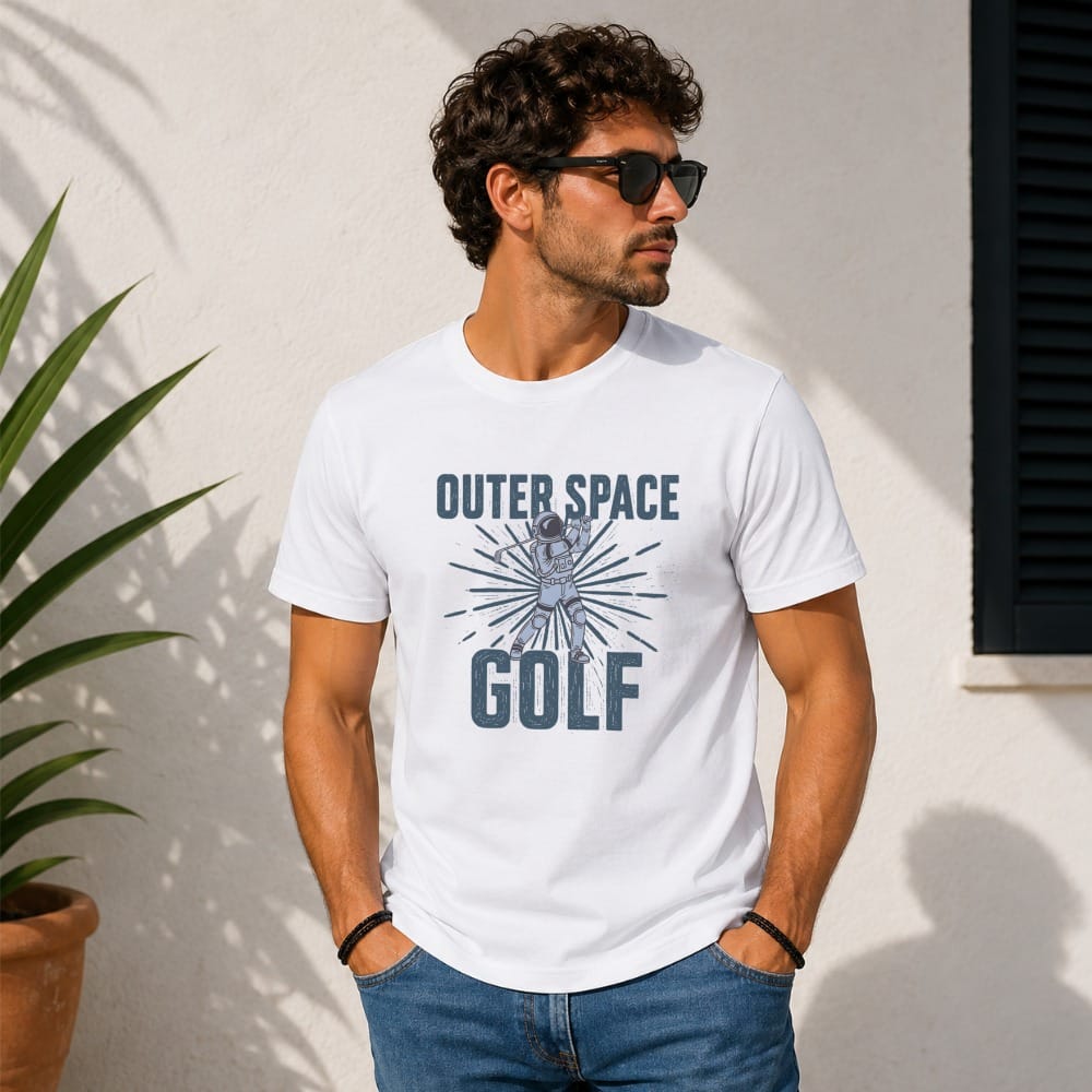 White t-shirt with "Outer Space Golf" text and astronaut graphic.
