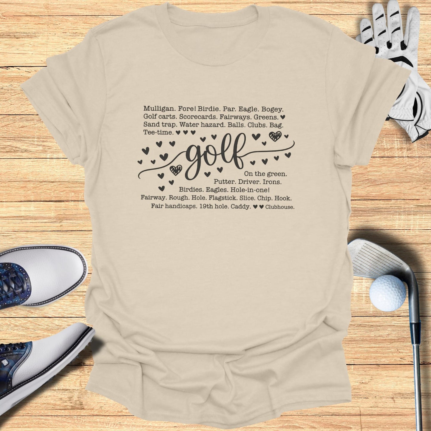 Golf-themed graphic with golf terms and black heart accents.