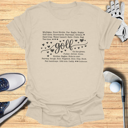 Golf-themed graphic with golf terms and black heart accents.