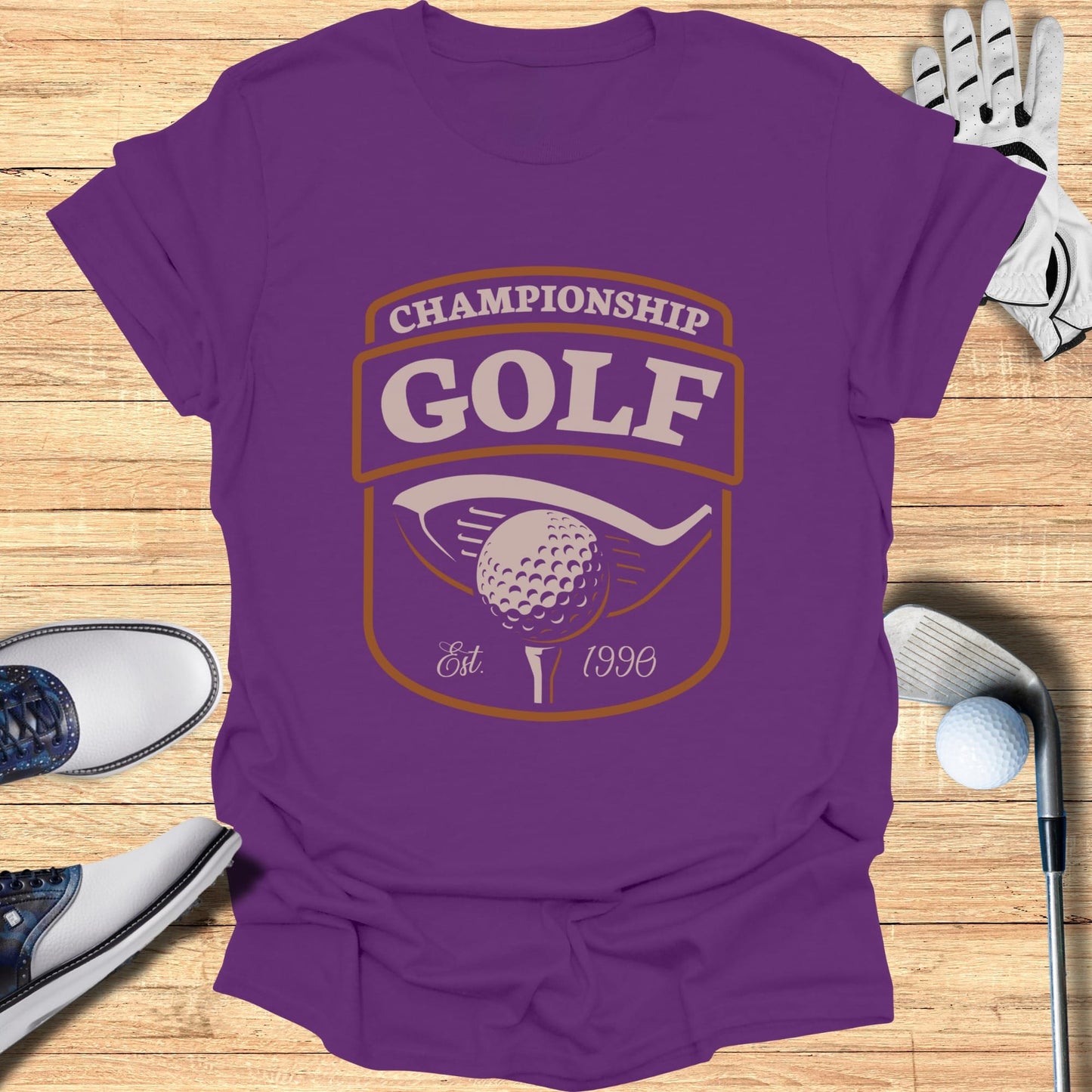 Purple t-shirt with "Championship Golf" text and golf club logo.