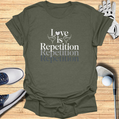 Green t-shirt with "Love is Repetition" text, golf clubs, and shoes.