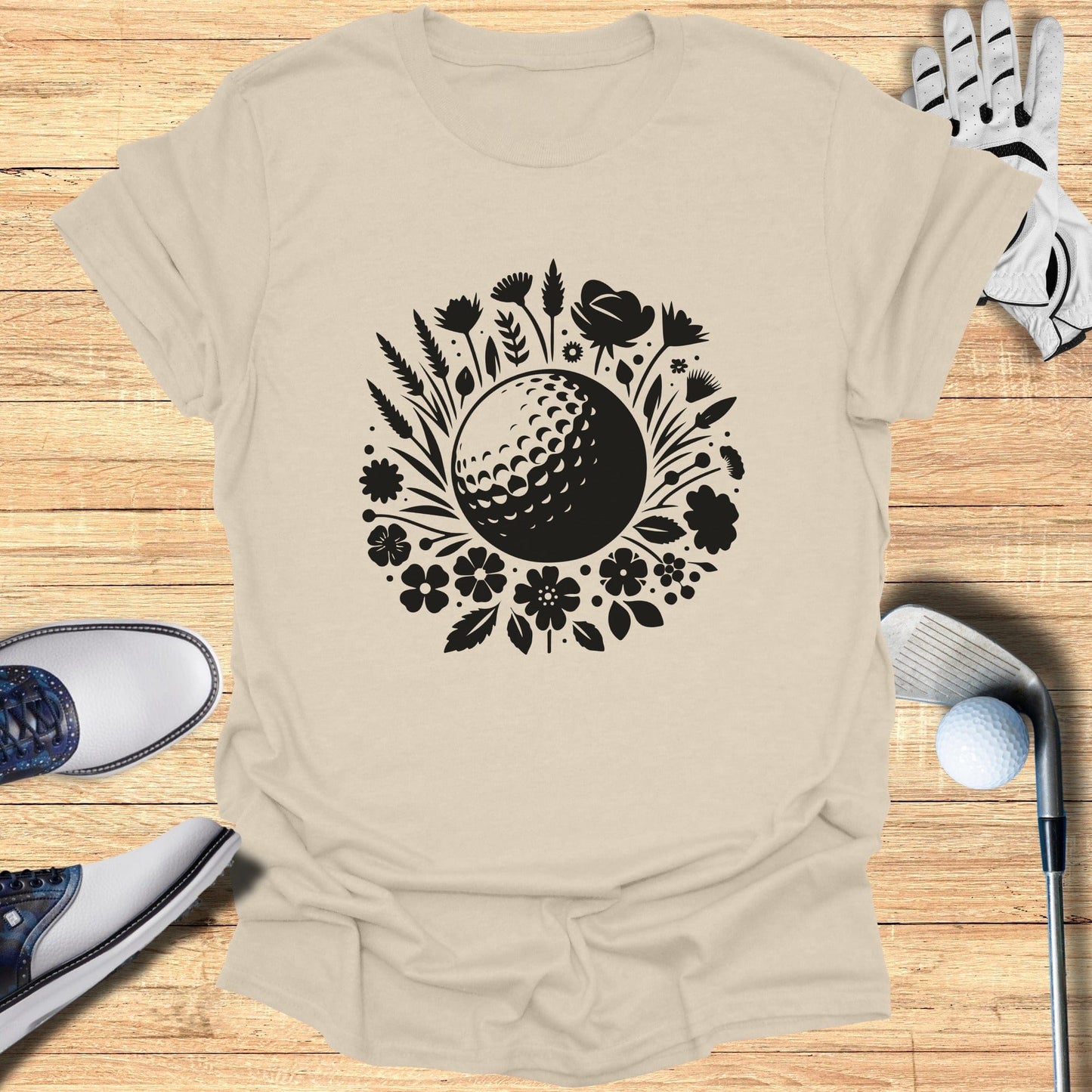 Graphic Tee with Golf Ball and Flower Design