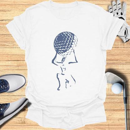 White t-shirt with blue golfer silhouette holding a golf ball.