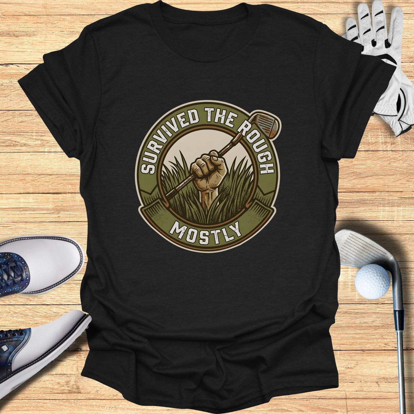 T-shirt with "Survived the Rough Mostly" golf graphic.