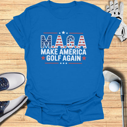 Blue t-shirt with "M.A.G.A. Make America Golf Again" text and stars.