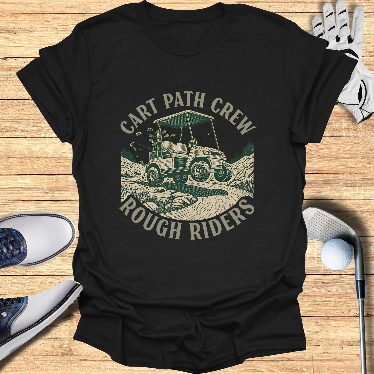 Black t-shirt with "Cart Path Crew Rough Riders" graphic of a golf cart.