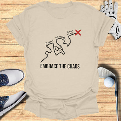 T-shirt with "Embrace the Chaos" and a chaotic line drawing, golf clubs and balls.