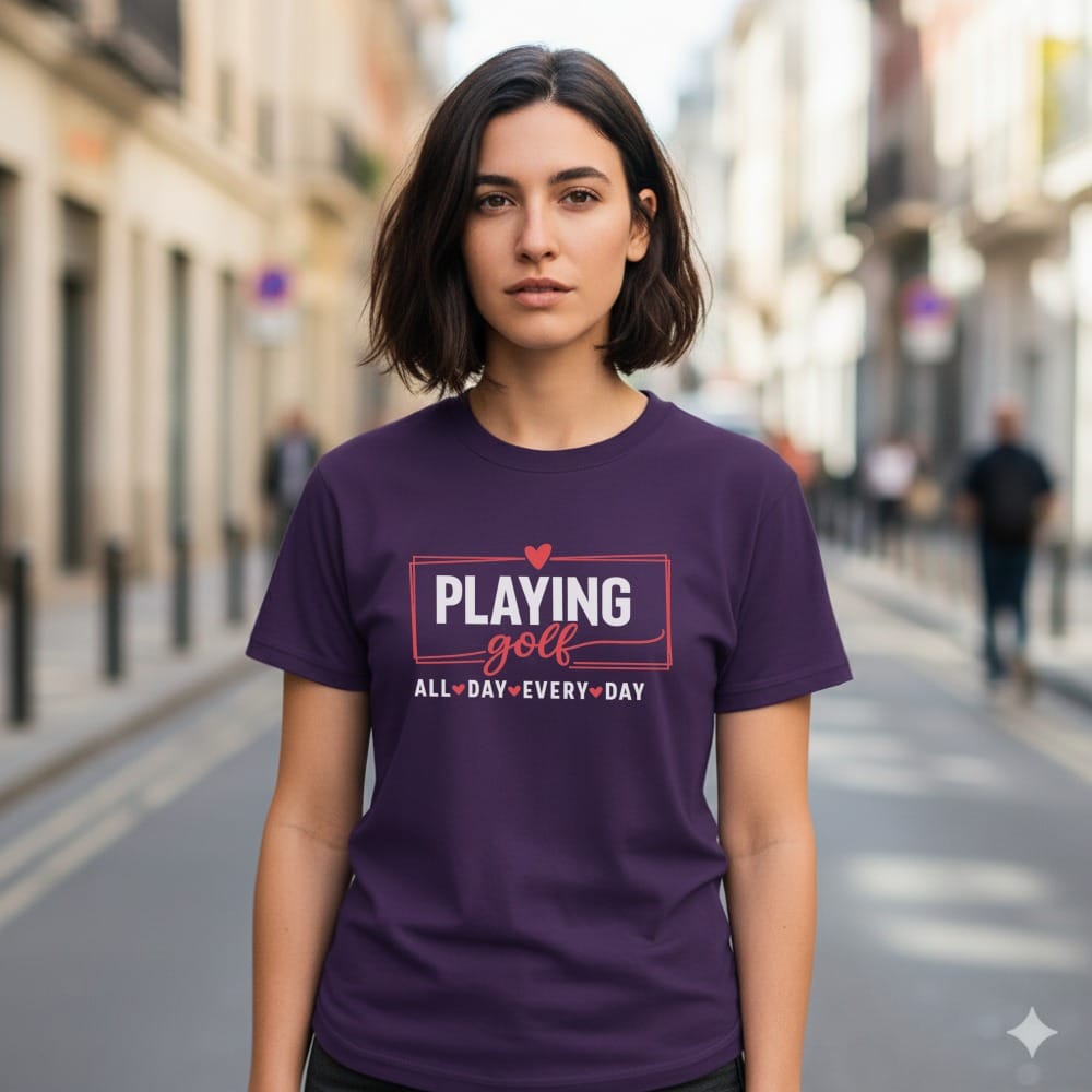 Woman wearing a purple t-shirt with "Playing Golf" and "All Day, Every Day" text.