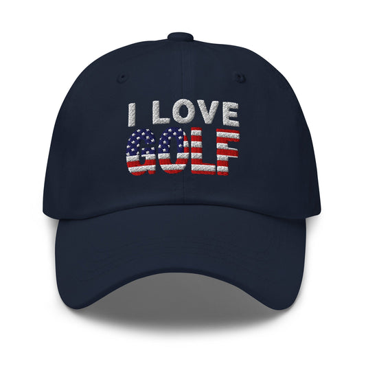 I Love Golf USA Flag Patriotic Embroidered Golf Cap - Funny Golf Tee by Swing Epic