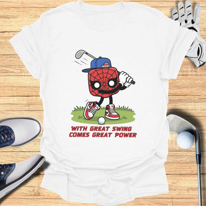 Spider-Man character in a golf pose on a t-shirt with text "With great swing comes great power."